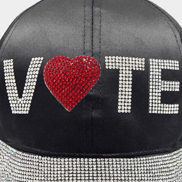 Black VOTE Rhinestone Crystal Brim Baseball Cap Statement Hat Bling - Picture 3 of 4